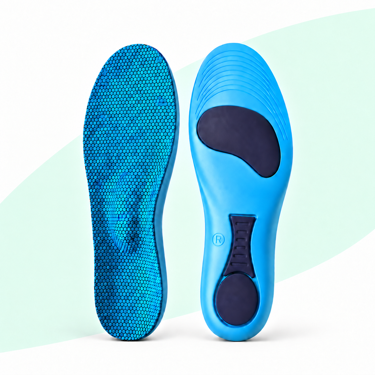 Paire de semelles ActivFeet bleues, vue du dessus et du dessous