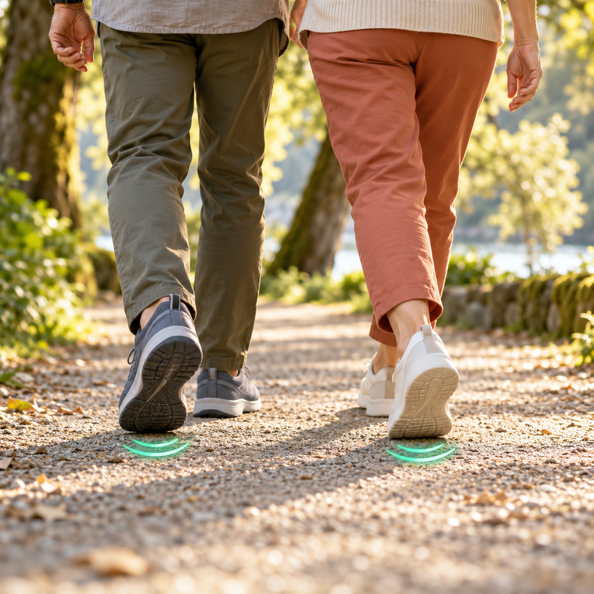 Un couple marche sur un chemin en baskets, le confort à chaque pas